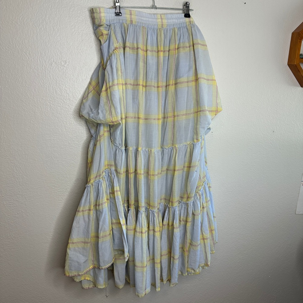 Free People Cotton Plaid Maxi Skirt Pastel Tiered Blue Yellow Pink Cotton Size M - Picture 5 of 7